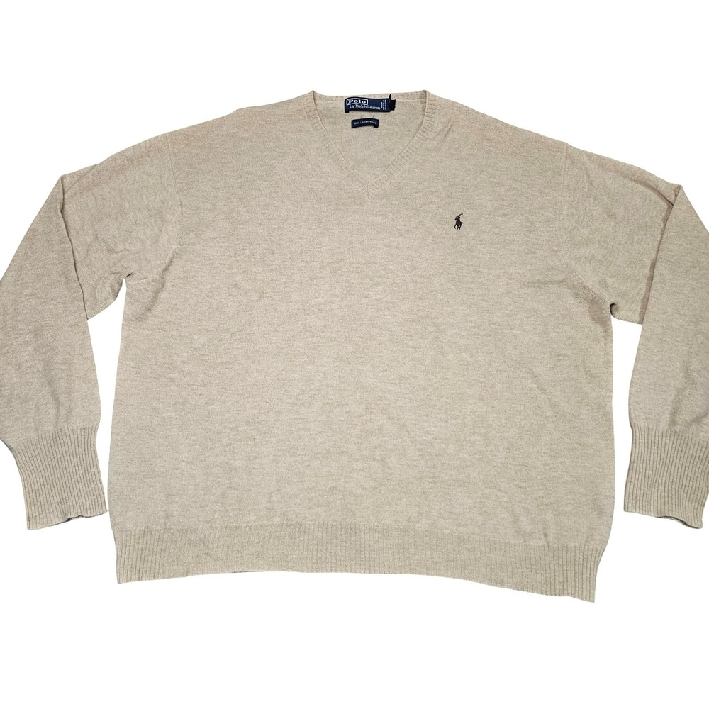 Polo Ralph Lauren V-Neck Sweater Beige 100%‎ Lambswool Pony Logo Pullover